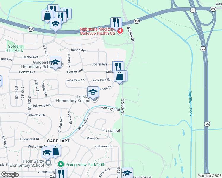 map of restaurants, bars, coffee shops, grocery stores, and more near 2511 Ponderosa Drive in Bellevue