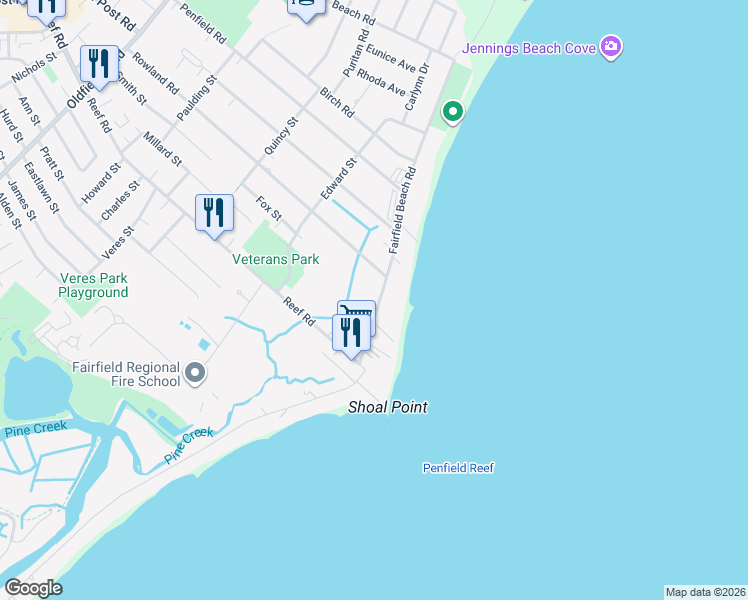 map of restaurants, bars, coffee shops, grocery stores, and more near 610 Fairfield Beach Road in Fairfield