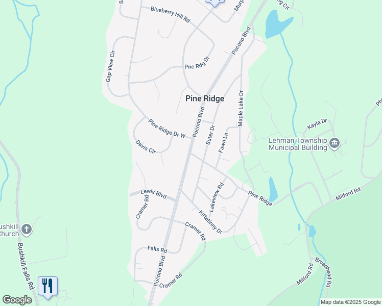 map of restaurants, bars, coffee shops, grocery stores, and more near 1471 Pine Ridge in Bushkill
