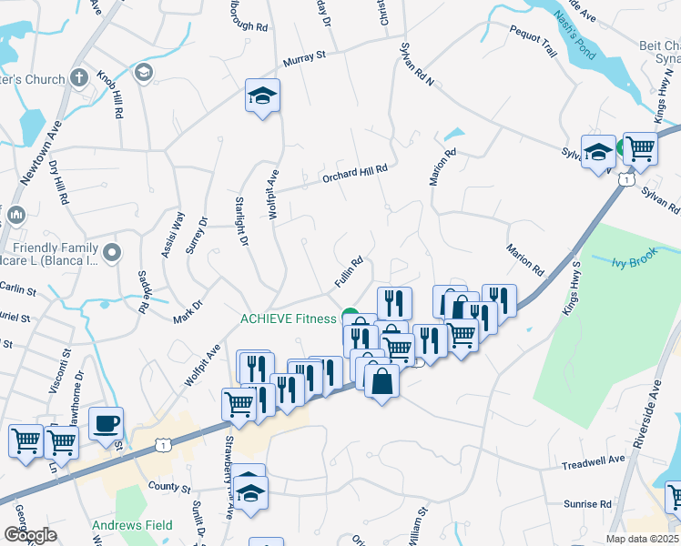 map of restaurants, bars, coffee shops, grocery stores, and more near 24 Fullin Road in Norwalk