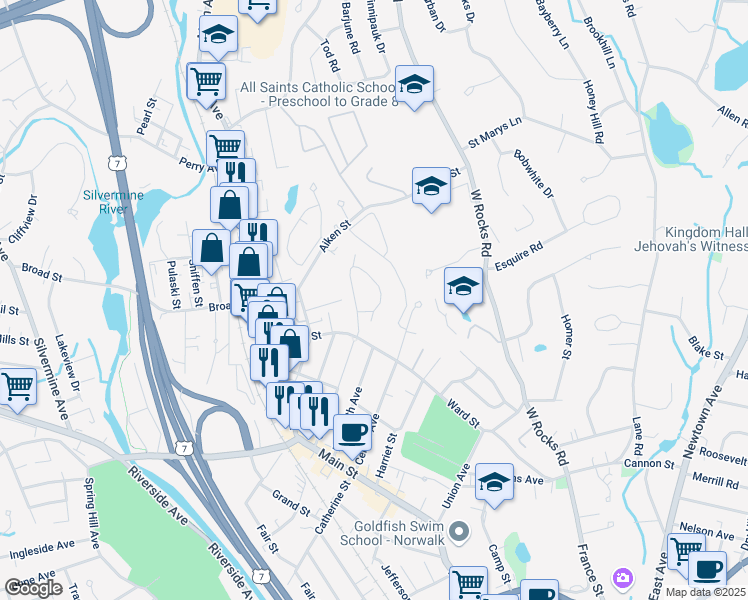 map of restaurants, bars, coffee shops, grocery stores, and more near 68 Ohio Avenue in Norwalk