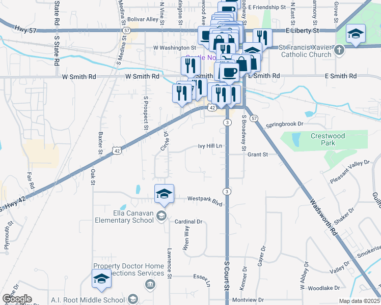 map of restaurants, bars, coffee shops, grocery stores, and more near 260 Ivy Hill Ln in Medina
