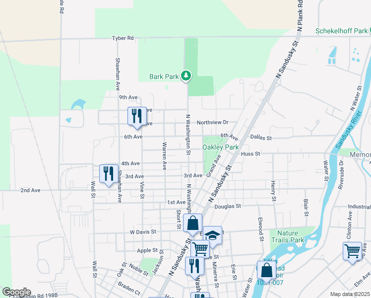 map of restaurants, bars, coffee shops, grocery stores, and more near 134 5th Ave in Tiffin