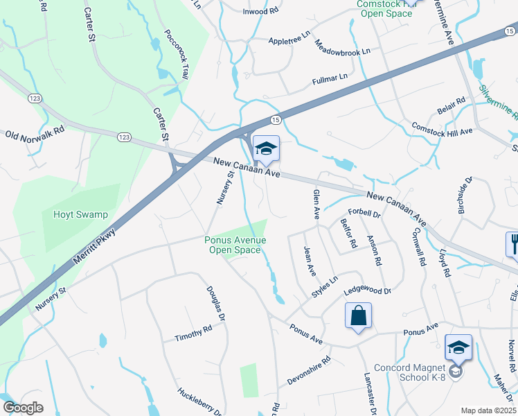 map of restaurants, bars, coffee shops, grocery stores, and more near 99 New Canaan Way in Norwalk