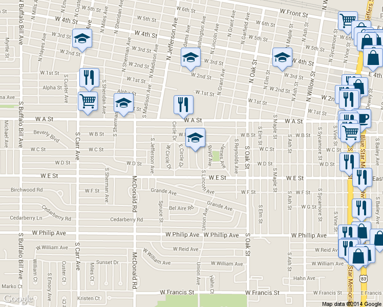 map of restaurants, bars, coffee shops, grocery stores, and more near 342 McDonald Ave in North Platte