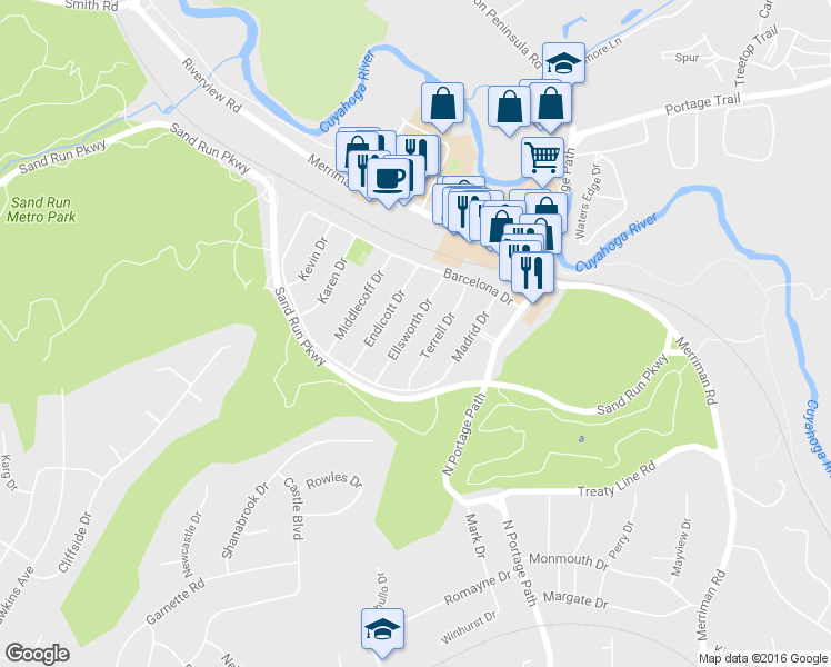 map of restaurants, bars, coffee shops, grocery stores, and more near 1047 Ellsworth Drive in Akron