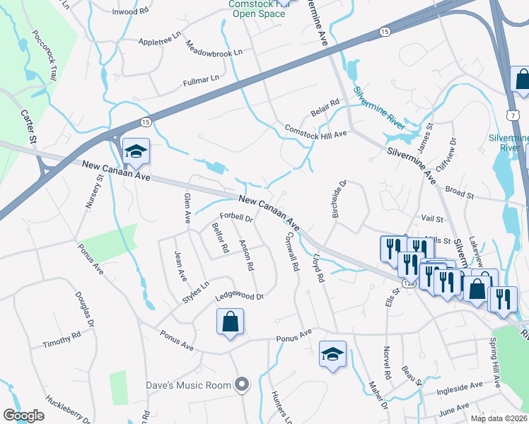 map of restaurants, bars, coffee shops, grocery stores, and more near 211 New Canaan Avenue in Norwalk