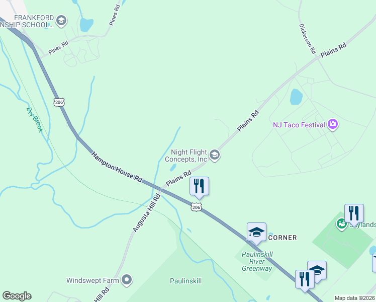 map of restaurants, bars, coffee shops, grocery stores, and more near 14 Plains Road in Frankford