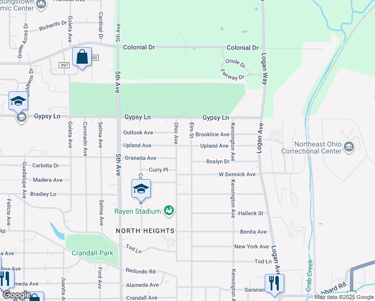 map of restaurants, bars, coffee shops, grocery stores, and more near 2430 Elm Street in Youngstown
