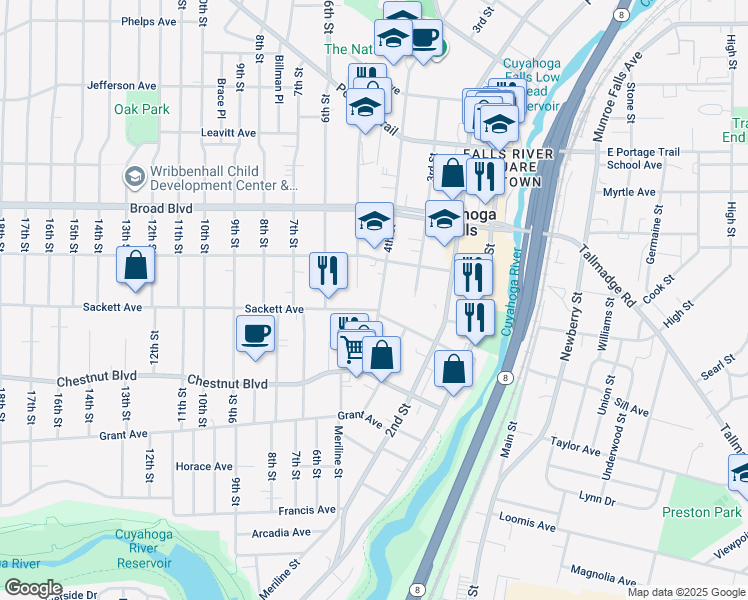 map of restaurants, bars, coffee shops, grocery stores, and more near 501 Sackett Avenue in Cuyahoga Falls