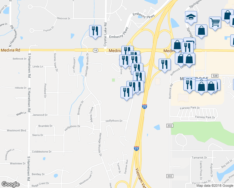 map of restaurants, bars, coffee shops, grocery stores, and more near 100 Hunt Club Drive in Akron