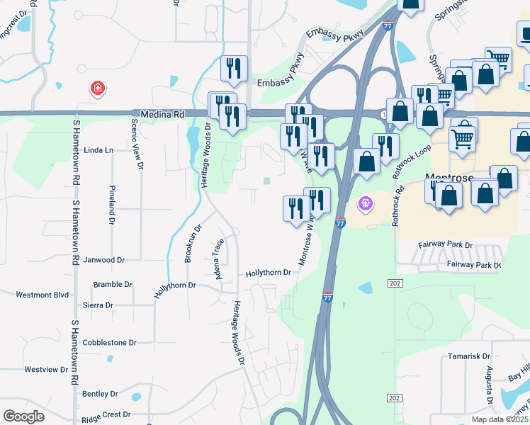 map of restaurants, bars, coffee shops, grocery stores, and more near 114-152 Hunt Club Drive in Akron