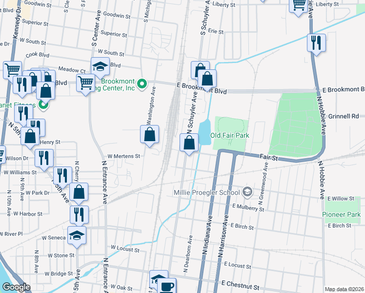 map of restaurants, bars, coffee shops, grocery stores, and more near 155 East Sycamore Street in Kankakee
