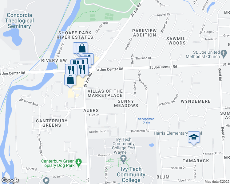 map of restaurants, bars, coffee shops, grocery stores, and more near 5636 Robin Run in Fort Wayne