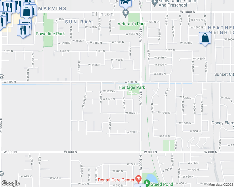 map of restaurants, bars, coffee shops, grocery stores, and more near 1179 W 1235 N in Clinton