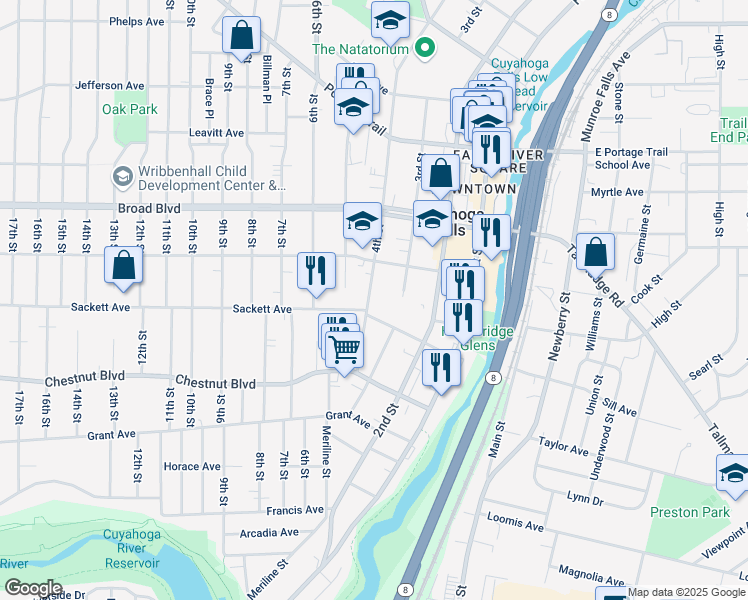 map of restaurants, bars, coffee shops, grocery stores, and more near 1827 4th Street in Cuyahoga Falls