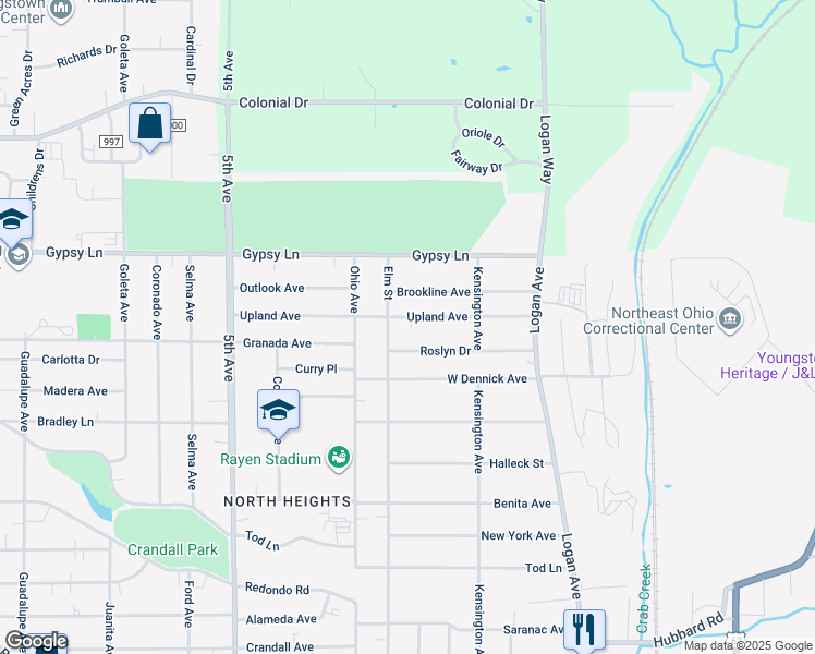 map of restaurants, bars, coffee shops, grocery stores, and more near 171 Upland Avenue in Youngstown