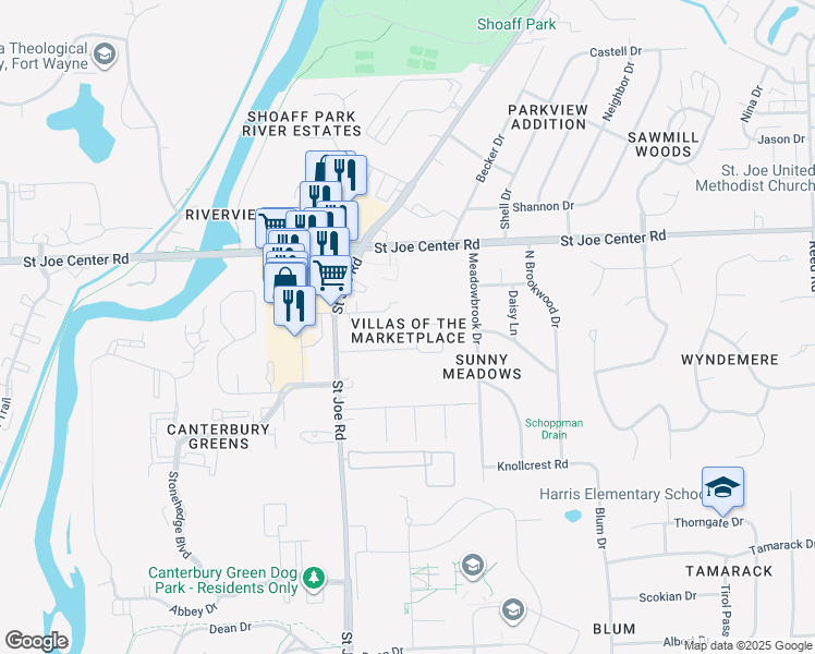 map of restaurants, bars, coffee shops, grocery stores, and more near 5633 Bluebird Court in Fort Wayne