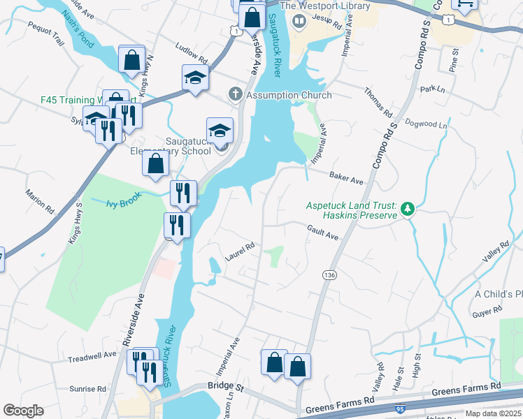 map of restaurants, bars, coffee shops, grocery stores, and more near 110A Imperial Avenue in Westport