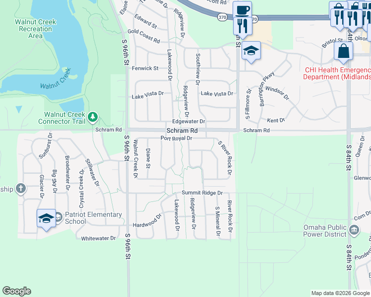 map of restaurants, bars, coffee shops, grocery stores, and more near 2010 Ridgeview Drive in Papillion