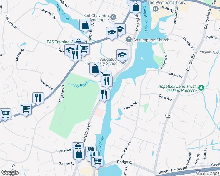 map of restaurants, bars, coffee shops, grocery stores, and more near 257 Riverside Avenue in Westport