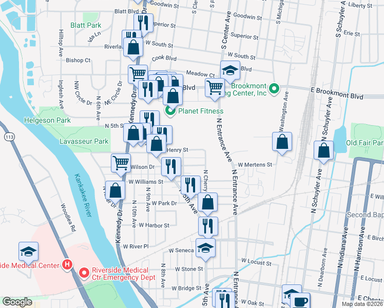 map of restaurants, bars, coffee shops, grocery stores, and more near 988 North Cleveland Avenue in Kankakee