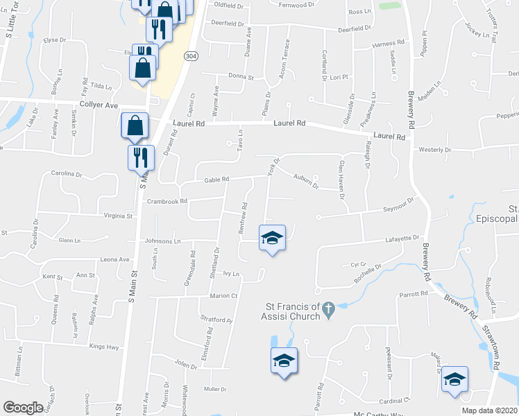map of restaurants, bars, coffee shops, grocery stores, and more near 38 York Drive in New City