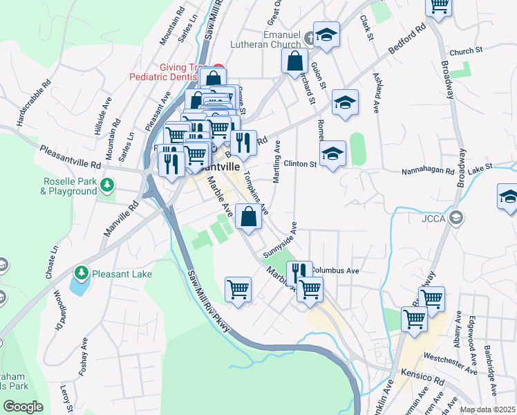 map of restaurants, bars, coffee shops, grocery stores, and more near 220 Tompkins Avenue in Pleasantville
