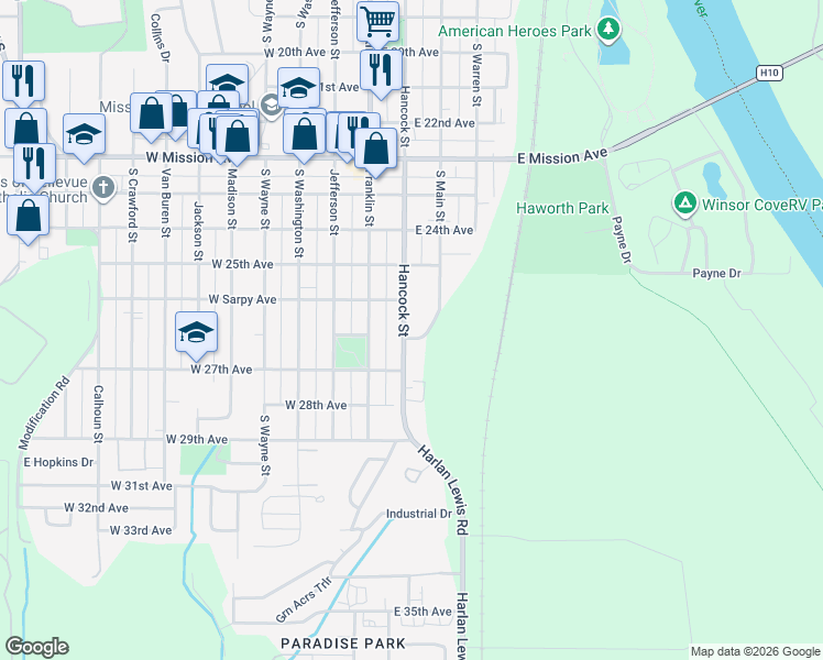 map of restaurants, bars, coffee shops, grocery stores, and more near 2531 South Hancock Street in Bellevue
