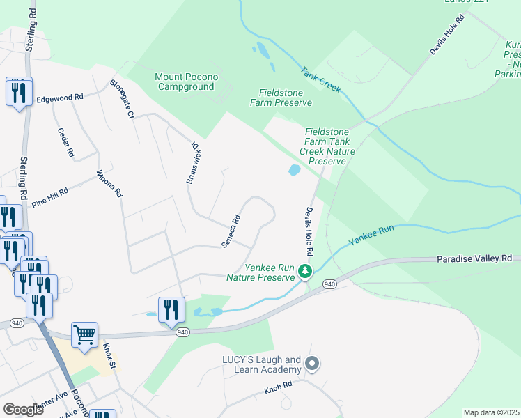 map of restaurants, bars, coffee shops, grocery stores, and more near 60 Holly Forest Road in Mount Pocono