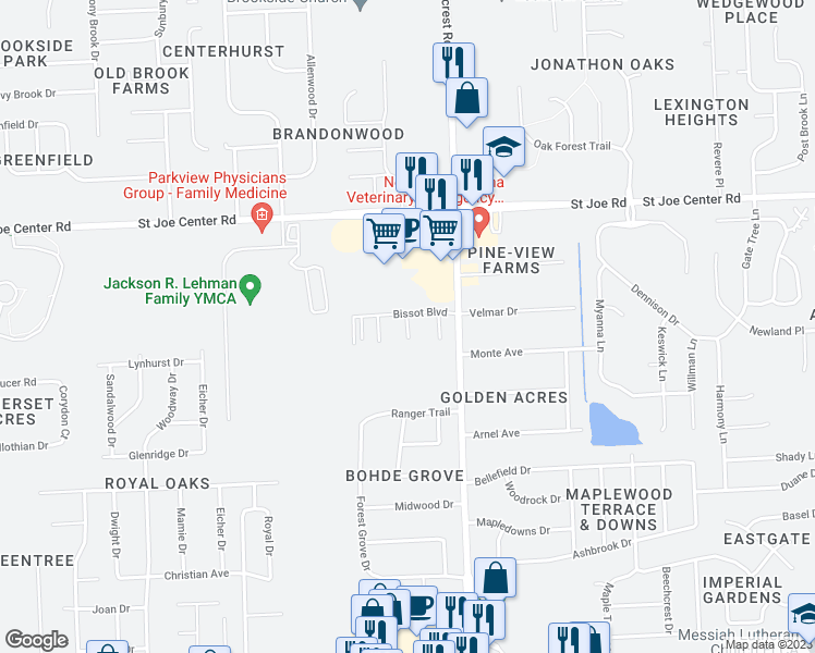 map of restaurants, bars, coffee shops, grocery stores, and more near Paccanne Court in Fort Wayne