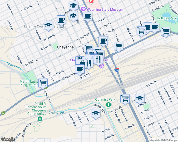 map of restaurants, bars, coffee shops, grocery stores, and more near 1509 Pioneer Avenue in Cheyenne