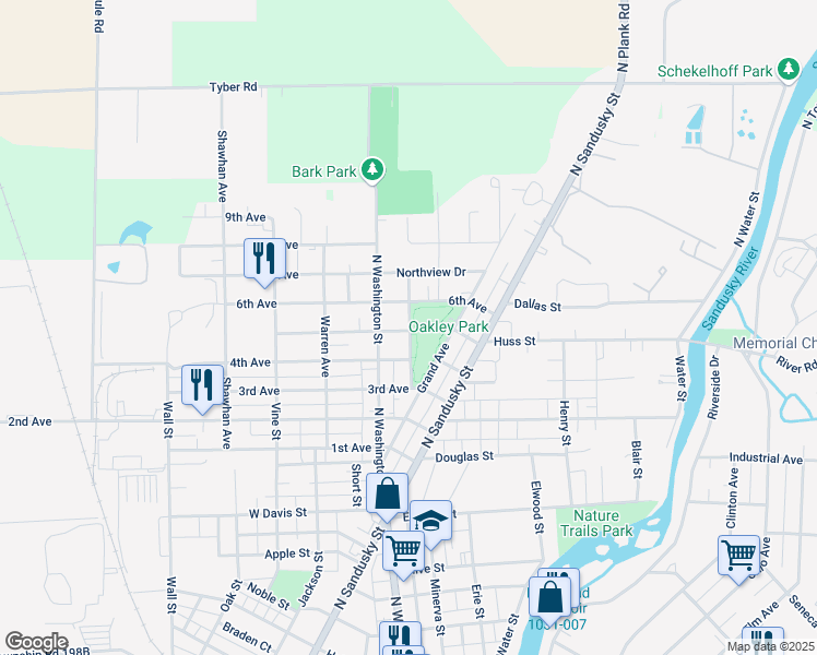 map of restaurants, bars, coffee shops, grocery stores, and more near 89 Park Avenue in Tiffin