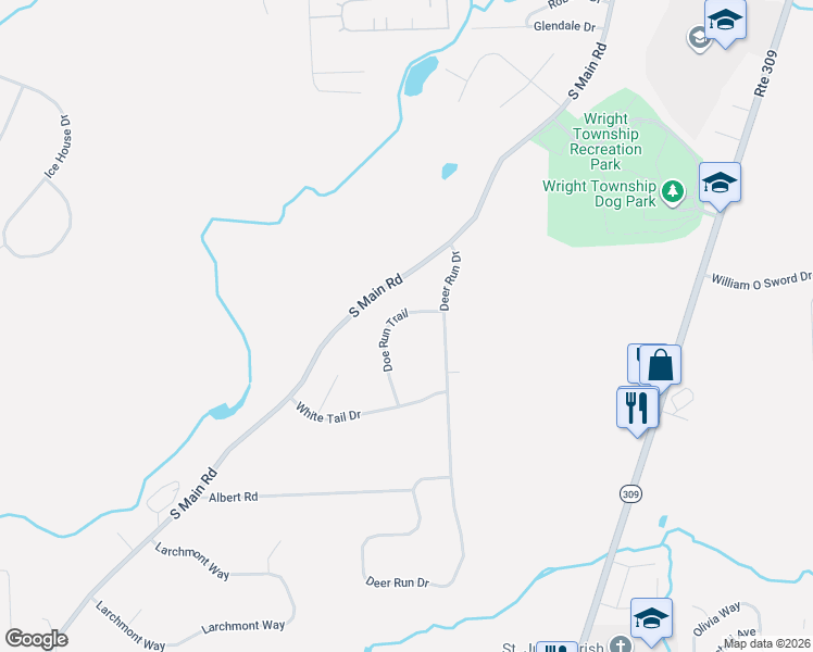 map of restaurants, bars, coffee shops, grocery stores, and more near 30 Doe Run Trail in Mountain Top