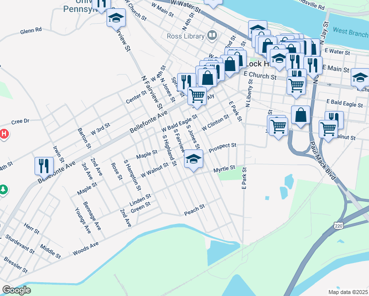 map of restaurants, bars, coffee shops, grocery stores, and more near 208 South Fairview Street in Lock Haven