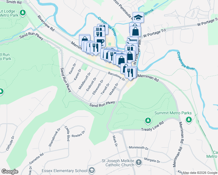 map of restaurants, bars, coffee shops, grocery stores, and more near 1099 Terrell Dr in Akron