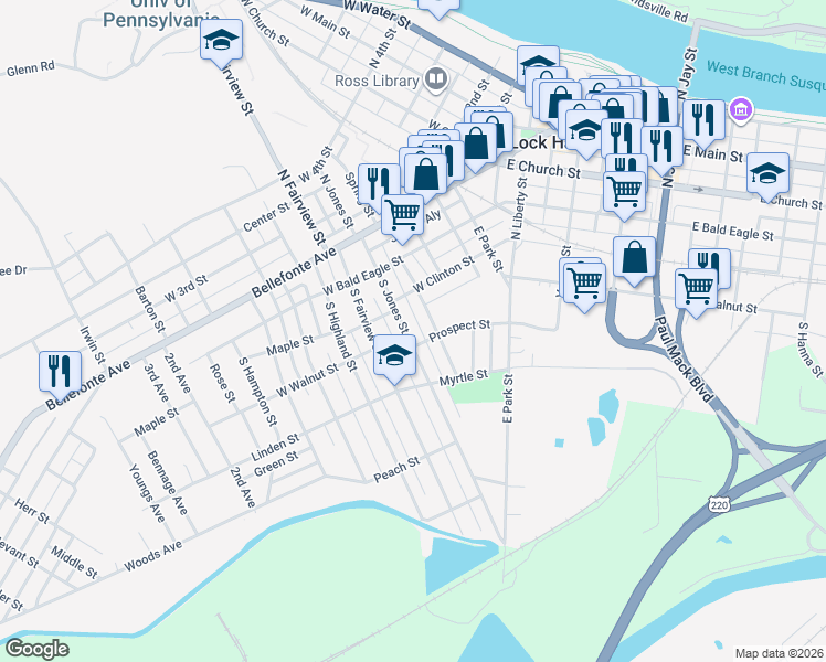 map of restaurants, bars, coffee shops, grocery stores, and more near 170 South Jones Street in Lock Haven