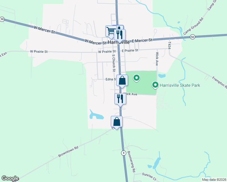 map of restaurants, bars, coffee shops, grocery stores, and more near 202 Walker Street in Harrisville