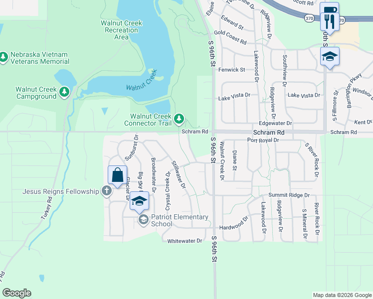 map of restaurants, bars, coffee shops, grocery stores, and more near 2090 Creek Side Drive in Papillion