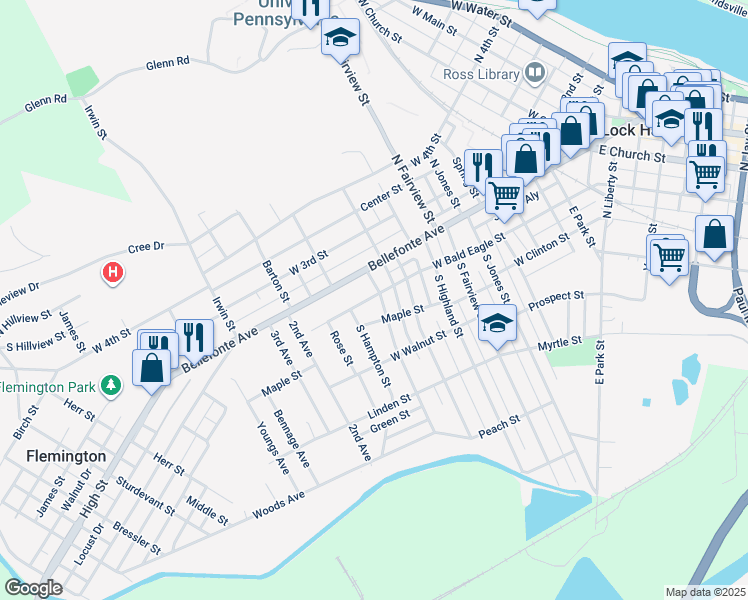 map of restaurants, bars, coffee shops, grocery stores, and more near 101 Pearl St in Lock Haven