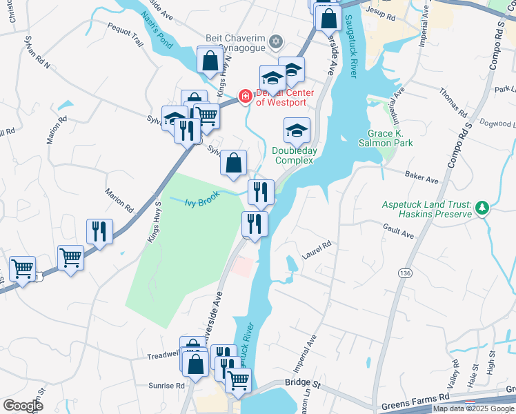 map of restaurants, bars, coffee shops, grocery stores, and more near 257 Riverside Avenue in Westport