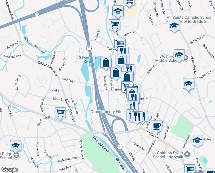 map of restaurants, bars, coffee shops, grocery stores, and more near 3 Sniffen Street in Norwalk