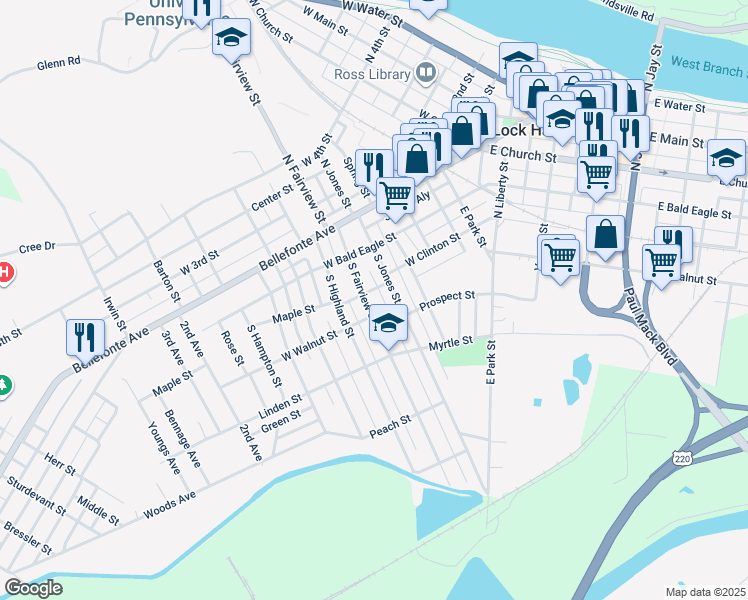map of restaurants, bars, coffee shops, grocery stores, and more near 208 South Fairview Street in Lock Haven