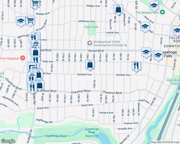 map of restaurants, bars, coffee shops, grocery stores, and more near 1820 12th Street in Cuyahoga Falls
