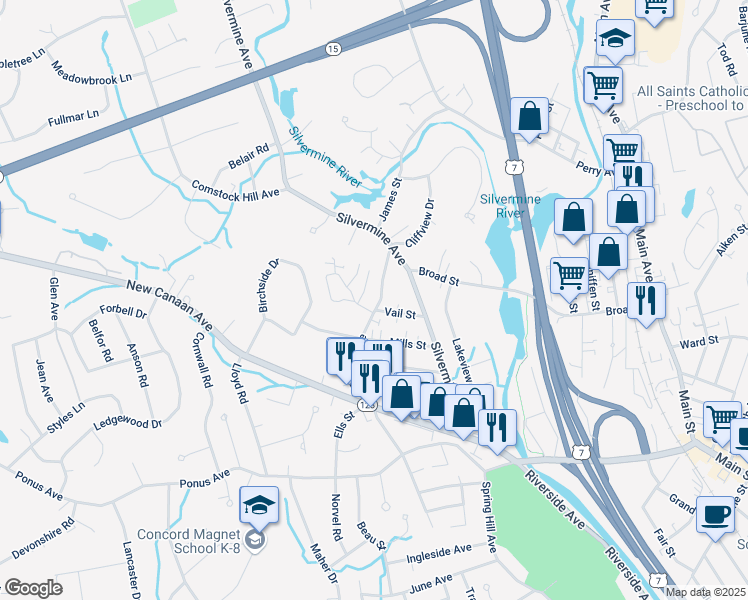 map of restaurants, bars, coffee shops, grocery stores, and more near 45 Bartlett Avenue in Norwalk
