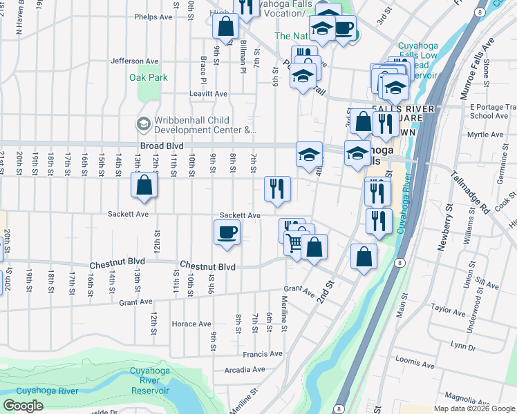 map of restaurants, bars, coffee shops, grocery stores, and more near 1819 7th Street in Cuyahoga Falls