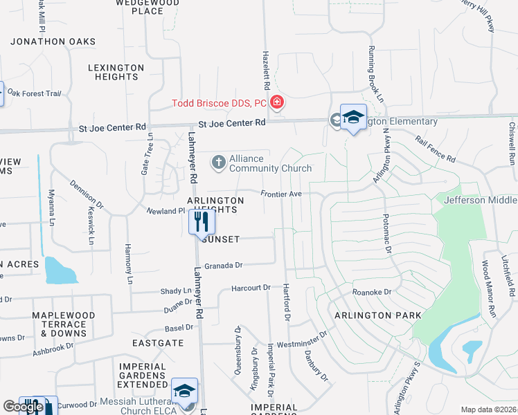 map of restaurants, bars, coffee shops, grocery stores, and more near 5417 Stonehill Court in Fort Wayne