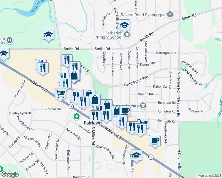 map of restaurants, bars, coffee shops, grocery stores, and more near 2714 Sand Run Pkwy in Fairlawn
