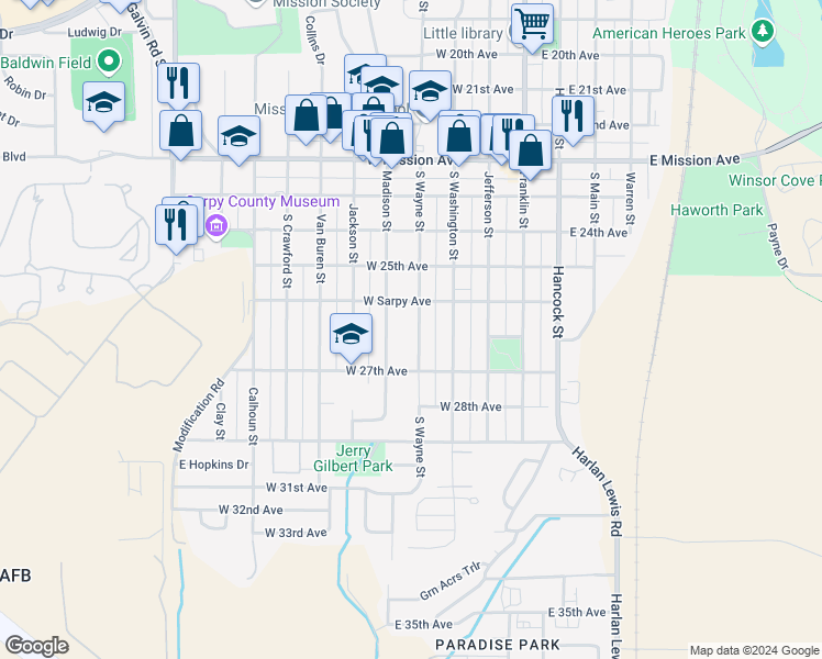 map of restaurants, bars, coffee shops, grocery stores, and more near 2528 Wayne Street in Bellevue