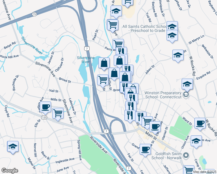 map of restaurants, bars, coffee shops, grocery stores, and more near 3 Sniffen Street in Norwalk
